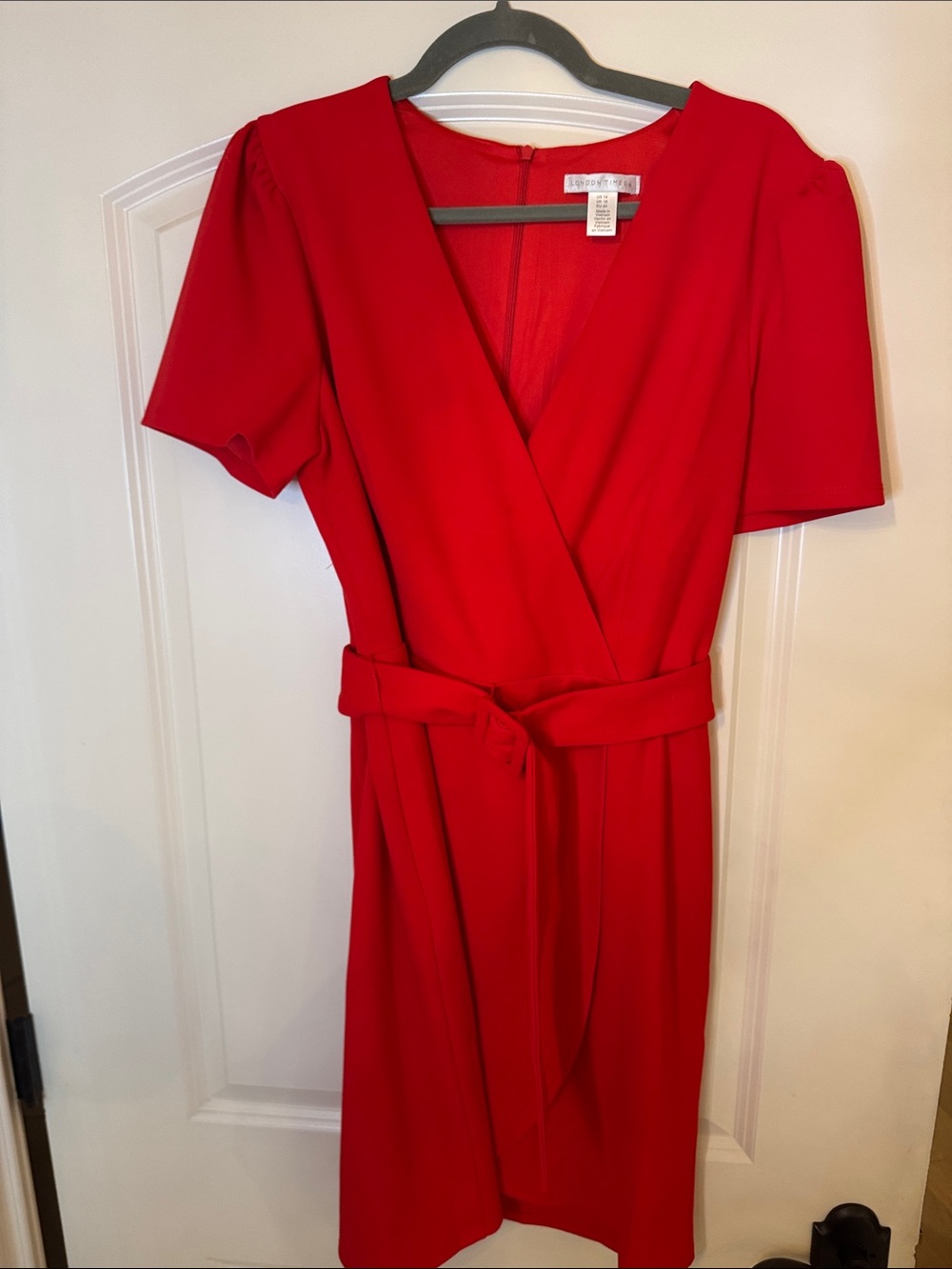 London Times Red Midi Wrap Dress with Self Tie